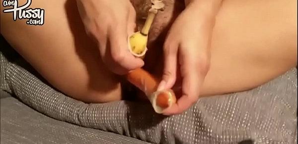  Busty milf masturbating with carrot and banana